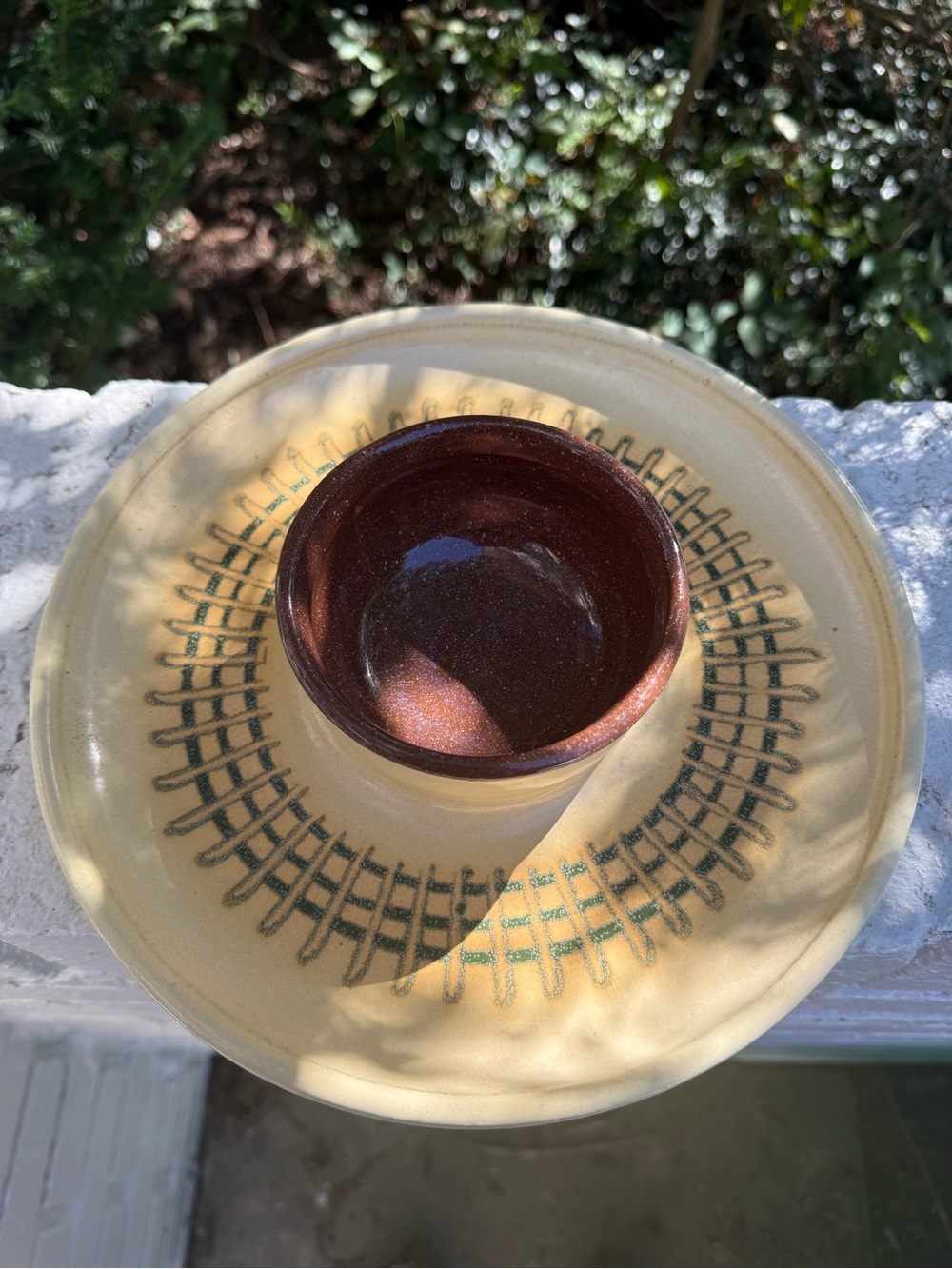 Decorative Ceramic Bowl on Yellow Patterned Plate - Yellow & Brown
